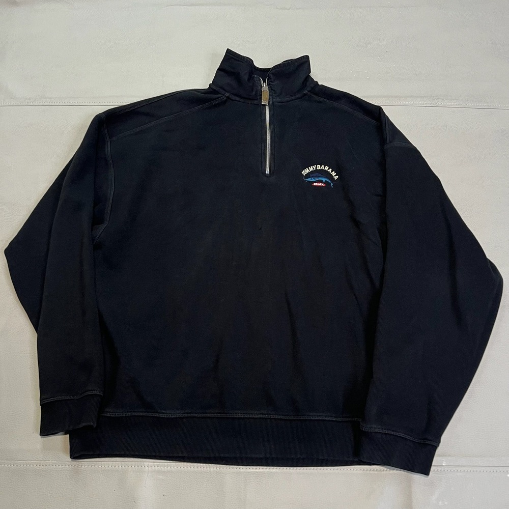 Tommy Bahama Geico Men Black 1/4 Quarter Zip Sweatshirt XL Preppy Academia Y2k-